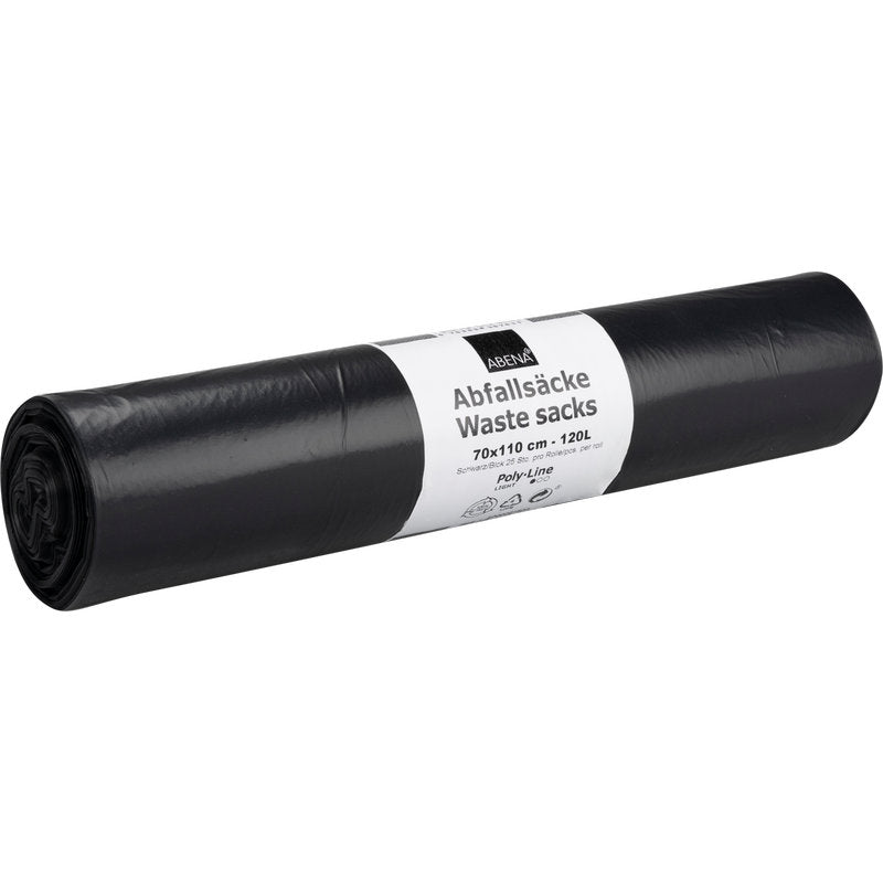 Eine Rolle schwarzer LDPE-Abfallsäcke der Abena Re-Seller GmbH (120 L, 700x1100mm, 34 my, 25 Säcke) trägt ein weißes Etikett mit Marke, Größe und Fassungsvermögen in Deutsch und Englisch.