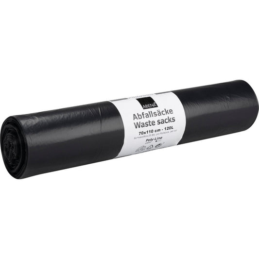 Eine Rolle schwarzer LDPE-Abfallsäcke der Abena Re-Seller GmbH (120 L, 700x1100mm, 34 my, 25 Säcke) trägt ein weißes Etikett mit Marke, Größe und Fassungsvermögen in Deutsch und Englisch.
