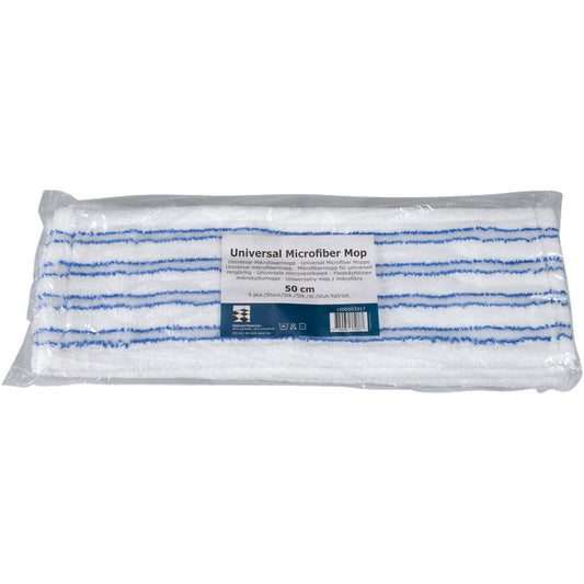 Der Abena Re-Seller GmbH Mikrofasermopp mit Borsten, Blau/Weiß, 50 cm breit und überwiegend weiß mit blauen Streifen, ist in klarem Kunststoff verpackt und mit einem Etikett versehen.