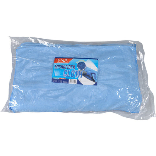 Ein hellblaues ENA Soft Bodentuch Mikrofasertuch (53x60 cm) von Abena Re-Seller GmbH, ideal für die Reinigung, kommt gefaltet in einer klaren Plastiktüte mit der Aufschrift "Mikrofasertuch". Die Packung enthält 10 Paare.