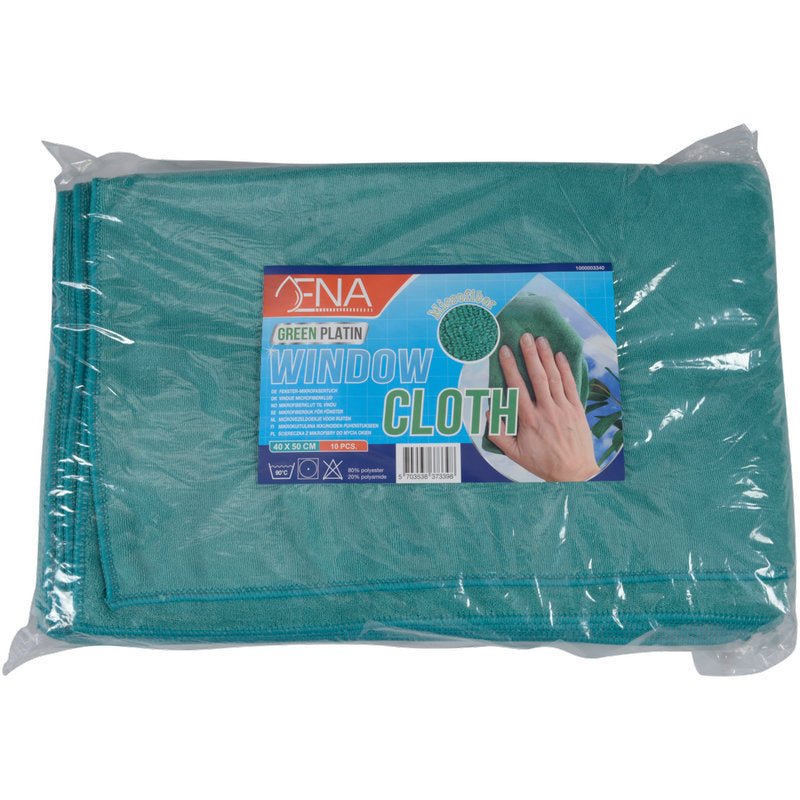 A 10-pack of Abena Re-Seller GmbH microfiber cloth ENA Platinum Window Cloth, 40x50 cm, Green, folded and shrink-wrapped in clear foil, ensures streak-free cleaning and is labeled "Green Platinum Window Cloth" with an image of a window-wiping hand.