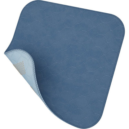 The Abena Re-Seller GmbH washable pad, 45 x 45 cm in blue, has rounded corners and a light blue, non-slip bottom with small yellow dots. Lightly folded to show the patterned underside. Available in a box of 60.