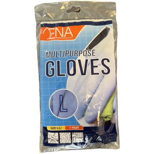 Eine versiegelte Kunststoffverpackung von Abena Re-Seller GmbH ENA Multipurpose Haushaltshandschuhe Latex, Gelb, Größe 9 (Large), enthält 1 Paar. Die Verpackung hat behandschuhte Hände und Infos in blau, orange und weiß - ideal für verschiedene Anwendungen.