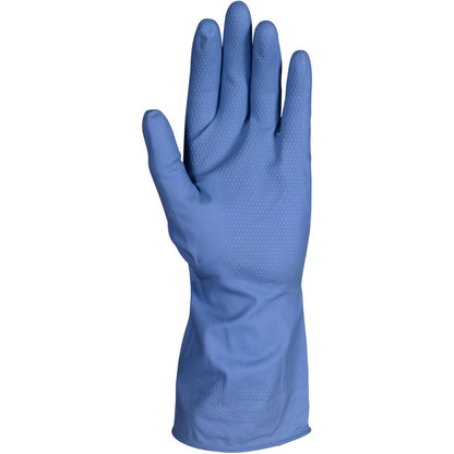 A single yellow ENA Multipurpose Household Glove Latex from Abena Re-Seller GmbH stands upright with the palm facing forward on a plain white background, showing a slightly textured surface on the palm and fingers.