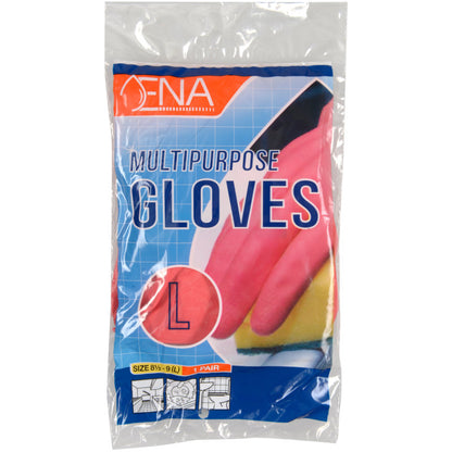 A clear plastic package contains a pair of yellow ENA Multipurpose Household Gloves Latex from Abena Re-Seller GmbH, labeled "GLOVES L," with size 8½-9 (L) and an image of the gloves at the bottom.