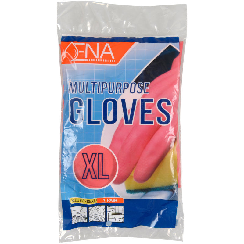 A sealed plastic package labeled "ENA Multipurpose Household Gloves Latex, Yellow" from Abena Re-Seller GmbH contains yellow gloves and cleaning sponges. It is marked size 9½-10 (XL) and contains one pair of latex household gloves.