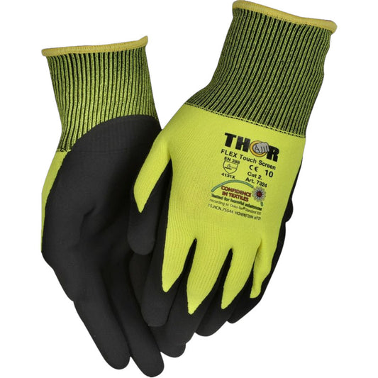 Ein Paar gelbe und schwarze Thor Flex Touchscreen-Handschuhe von Abena Re-Seller GmbH mit technischen Informationen auf der Rückseite, strukturiertem schwarzem Griff, gerippter Stulpe und hochsensibler Touchscreen-Funktion.