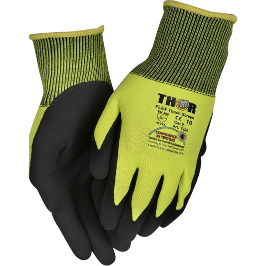 Ein Paar gelbe und schwarze Abena Re-Seller GmbH Thor Flex Touchscreen Arbeitshandschuhe mit Sicherheitszertifizierungskennzeichnung und hochsensibler Berührungserkennung, abgebildet auf weißem Hintergrund.