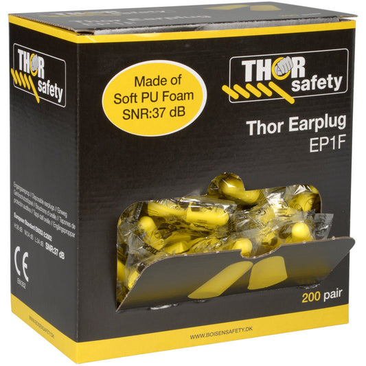 Eine schwarz-gelbe Schachtel mit der Aufschrift "Thor Ohrstöpsel Paarpackung (811010)" der Abena Re-Seller GmbH enthält 200 Paar gelbe Ohrstöpsel, jeweils einzeln verpackt. Hergestellt aus weichem PU-Schaum mit SNR: 37 dB Schutz.