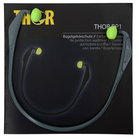 Ein grünes und graues Paar Thor Bügelgehörschutz (812010) der Abena Re-Seller GmbH, verbunden durch ein flexibles Band, ruht auf einer schwarzen Anleitung "THOR BP1" mit gelbem und weißem mehrsprachigem Text. Die Packung enthält 15 Paare.