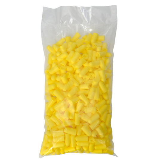 Eine transparente Plastiktüte der Abena Re-Seller GmbH enthält 200 Paar gelbe Thor Ohrstöpsel (SNR 37 dB, 813111), die oben auf weißem Grund versiegelt sind.