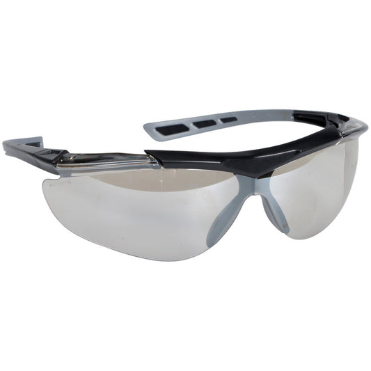 Die Thor Schutzbrille Reflector, Klar (821017) von Abena Re-Seller GmbH bietet optimalen Augenschutz und klare Sicht mit schwarzen und grauen Kunststoffrahmen, Wraparound-Linsen und belüfteten Bügeln. Packung: 12 Stück.