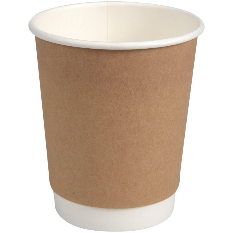 The double-walled coffee cup "Kraft" from Abena Re-Seller GmbH is a simple brown insulated cup with a white interior and base, standing upright on a white background and featuring a simple, effective design.