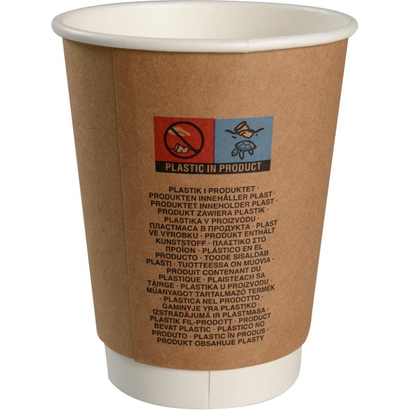 The double-walled coffee cup "Kraft" from Abena Re-Seller GmbH is a brown disposable paper cup with a white interior, labeled with multilingual text and pictograms for the plastic content - ideal as a takeaway coffee cup.