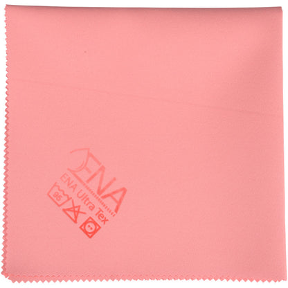 The ENA Ultra Tex PU cloth from Abena Re-Seller GmbH is a square, pink cleaning cloth (38x37 cm) with zigzag edges for streak-free cleaning and a printed brand logo and care symbols in one corner.