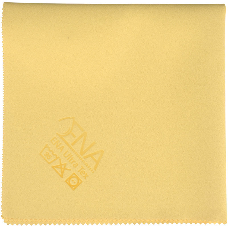 A square, light yellow ENA Ultra Tex PU cloth (38x37 cm) from Abena Re-Seller GmbH made of microfiber with a serrated edge and care symbols plus logo in one corner - perfect for streak-free cleaning.