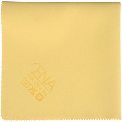 A square, light yellow ENA Ultra Tex PU cloth (38x37 cm) from Abena Re-Seller GmbH made of microfiber with a serrated edge and care symbols plus logo in one corner - perfect for streak-free cleaning.