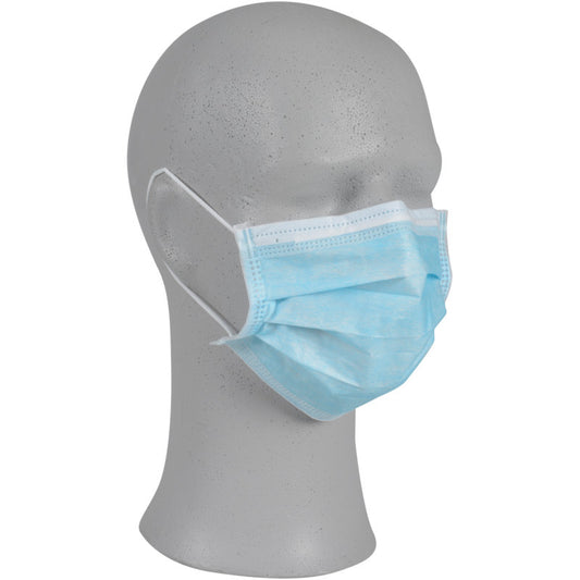 Eine graue Schaufensterpuppe trägt einen blauen, 3-lagigen IIR Mundschutz mit Gummiband (95x180mm) von Abena Re-Seller GmbH, Packung mit 50 Paaren, in der Seitenansicht vor weißem Hintergrund.