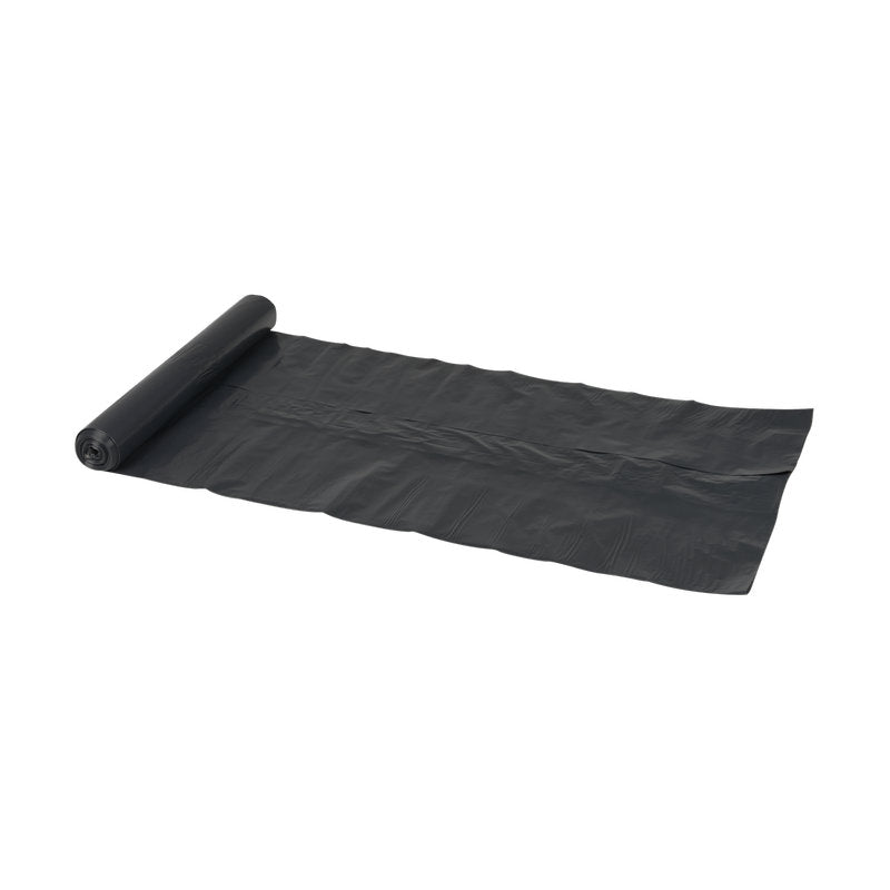 Eine teilweise ausgerollte Abena Re-Seller GmbH Abfallsäcke 120 L, 700x1100 mm, 45 my LDPE, Schwarz (Rolle mit 10 Beuteln) liegt flach auf einer weißen Fläche, wobei der Rest der Rolle an einem Ende noch ordentlich aufgerollt ist.