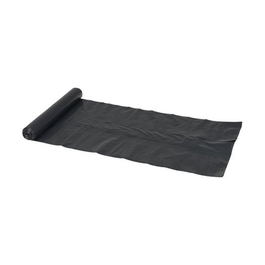 Eine teilweise ausgerollte Abena Re-Seller GmbH Abfallsäcke 120 L, 700x1100 mm, 45 my LDPE, Schwarz (Rolle mit 10 Beuteln) liegt flach auf einer weißen Fläche, wobei der Rest der Rolle an einem Ende noch ordentlich aufgerollt ist.