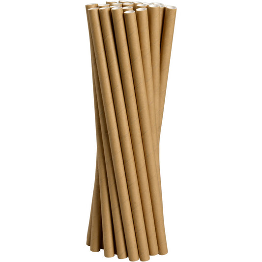 Ein Bündel Jumbo Trinkhalme Papier, Braun von Abena Re-Seller GmbH ist schräg angeordnet, wobei die weißen Innenflächen der umweltfreundlichen Strohhalme oben sichtbar sind.