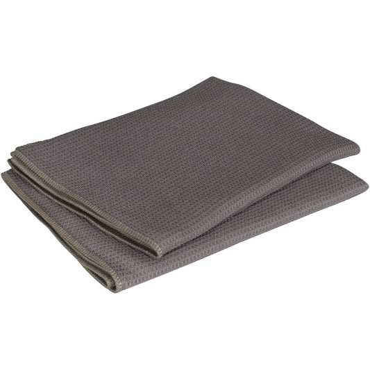 Ein ENA Grey Platin Geschirrtuch von Abena Re-Seller GmbH, aus Mikrofaser (50x80 cm, Grau), wird gefaltet und vor einem schlichten weißen Hintergrund präsentiert. Packung enthält 2 Paare.
