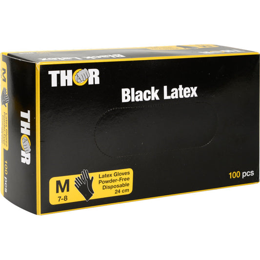Eine schwarze, rechteckige Schachtel der Abena Re-Seller GmbH mit der Aufschrift "Thor Black Latex, Puderfrei" enthält 100 schwarze, puderfreie Latexhandschuhe (Größe M 7-8, Länge 24 cm), mit gelber und weißer Schrift und Grafik auf der Verpackung.