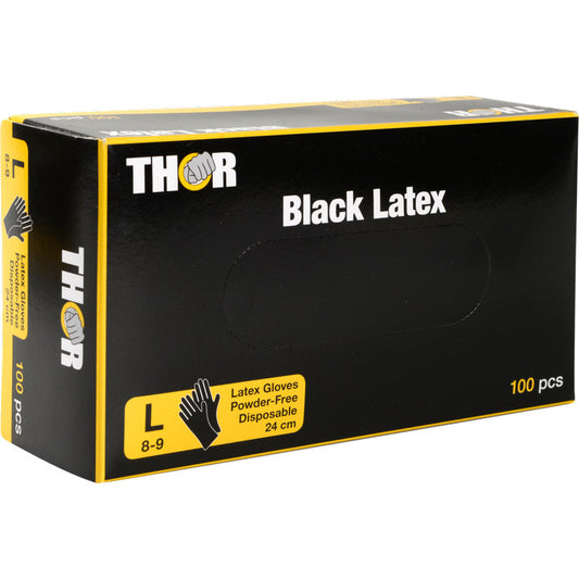 Eine schwarze Schachtel der Abena Re-Seller GmbH Thor Black Latex, Puderfrei Handschuhe, Größe groß (8-9), Einweg, 24 cm, enthält 100 Stück. Die Verpackung hat gelbe und weiße Schrift mit Handschuhabbildungen.