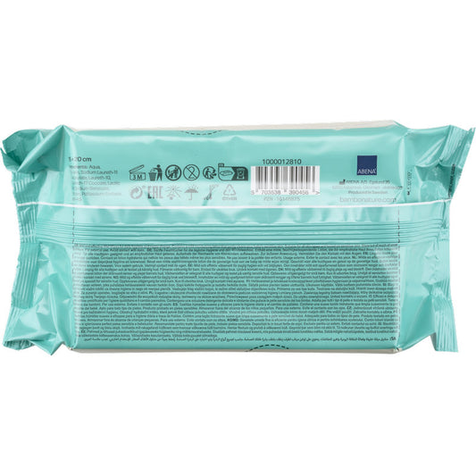 Eine tealfarbene Packung Bambo Nature Feuchtpflegetücher m. Klebeverschluss, 15x20cm (80 Paare) von Abena Re-Seller GmbH ist von hinten mit Barcode, Symbolen, mehrsprachigem Text und praktischem Klebeverschluss abgebildet. Markeninfo erscheint oben rechts.