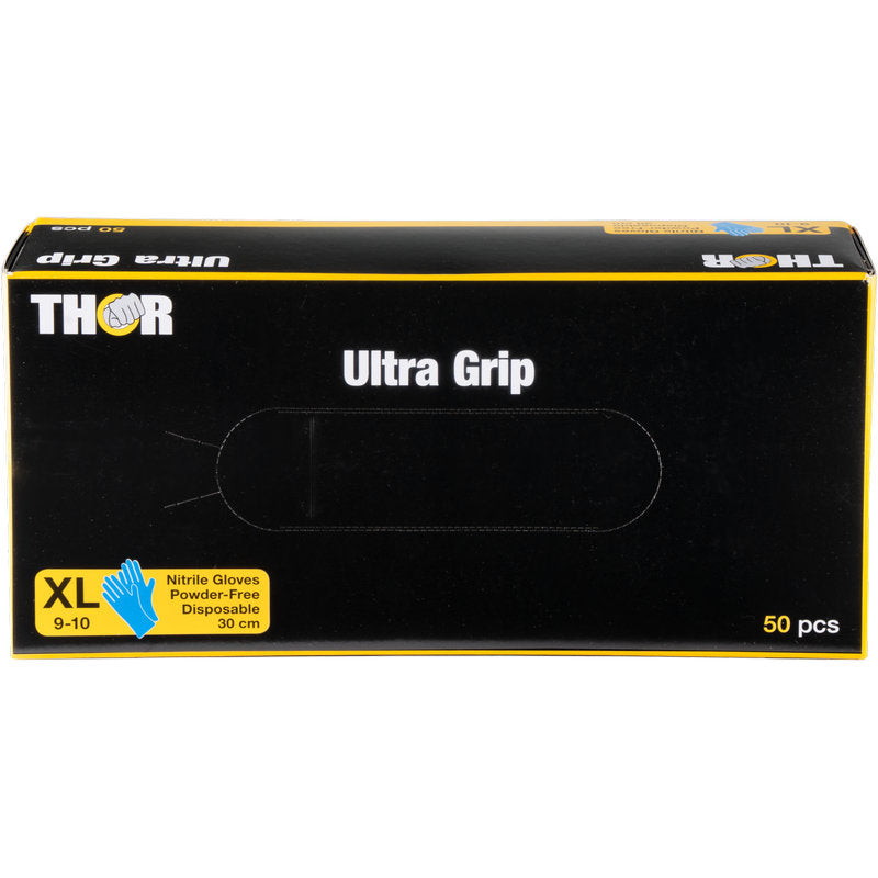 Eine Schachtel mit 50 Abena Re-Seller GmbH Thor Ultra Grip Long Nitril-Handschuhe, 30 cm, Blau, puderfrei und Einweg, mit blauen und gelben Akzenten und einem Handsymbol.