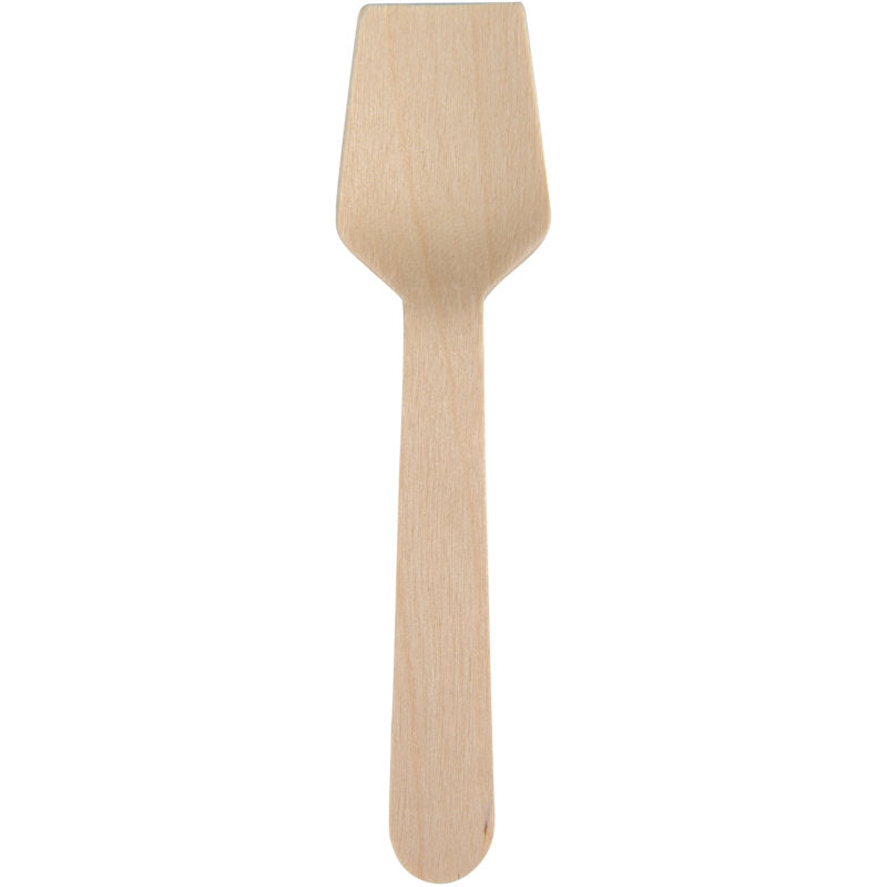 A flat, wooden ice cream spoon (9.5 cm) with a straight handle from Abena Re-Seller GmbH, photographed on white - perfect as an eco-friendly ice cream spoon. Pack of 100 pieces for sustainable occasions.