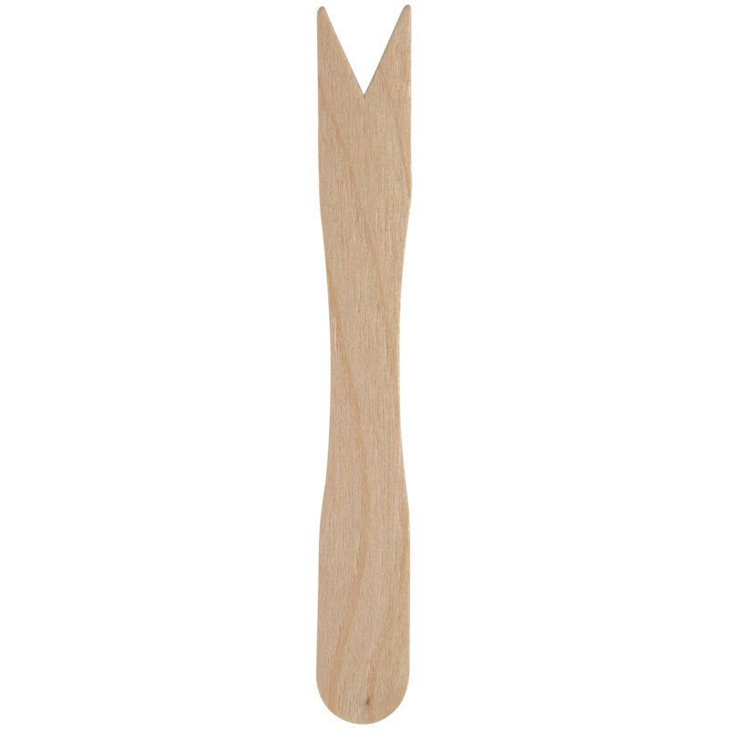 Der Pommesgabel von Abena Re-Seller GmbH ist ein 8,5 cm langes Holzutensil mit flachem Griff und V-förmigem Ende - perfekt zum Servieren kleiner Speisen. Erhältlich in Packungen mit 100 Paaren, ist es ideal, wenn Sie Pommesgabel kaufen möchten.