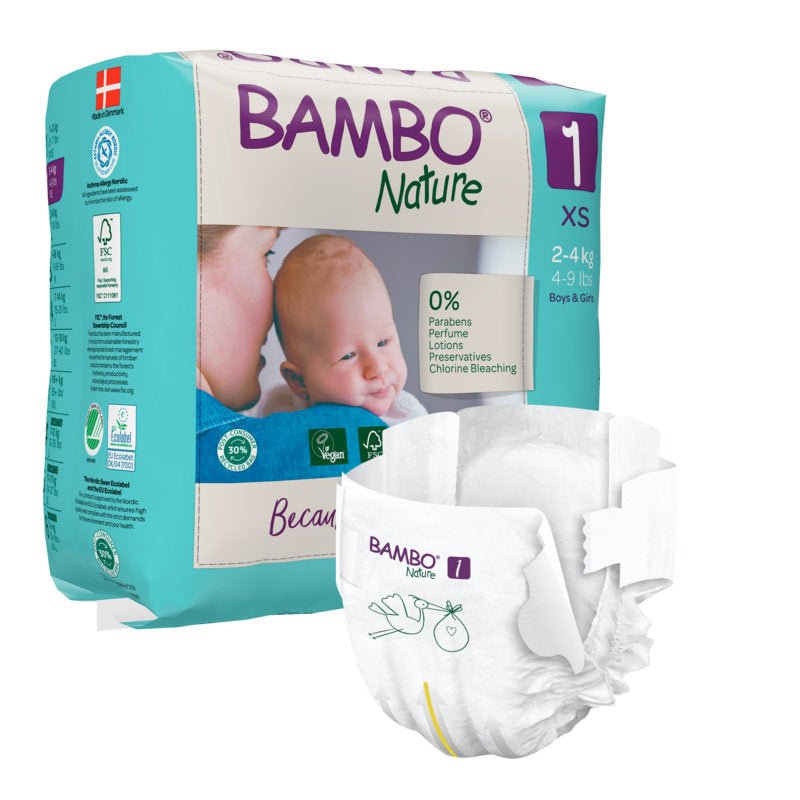A pack of Bambo Nature by Abena Re-Seller GmbH for 2-4 kg babies is shown with a baby photo on the packaging. On the front is a diaper highlighting its eco-friendly design, brand logo, and sustainable materials.