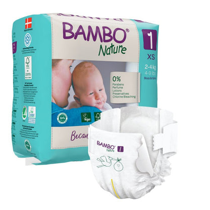 A pack of Bambo Nature by Abena Re-Seller GmbH for 2-4 kg babies is shown with a baby photo on the packaging. On the front is a diaper highlighting its eco-friendly design, brand logo, and sustainable materials.