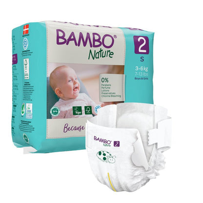 A pack of Abena Re-Seller GmbH Bambo Nature diapers size 2 for 3-6 kg babies is shown next to a single unfolded diaper. The packaging features a smiling baby, product information, and green and purple design accents.