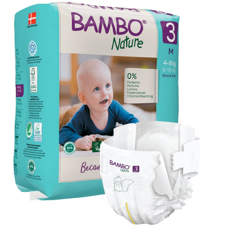 A pack of Bambo Nature by Abena Re-Seller GmbH diapers size 3 for 4-8 kg babies is shown with a smiling baby. A single diaper in the foreground showcases the design, logo, and highlights sustainable materials for baby care.