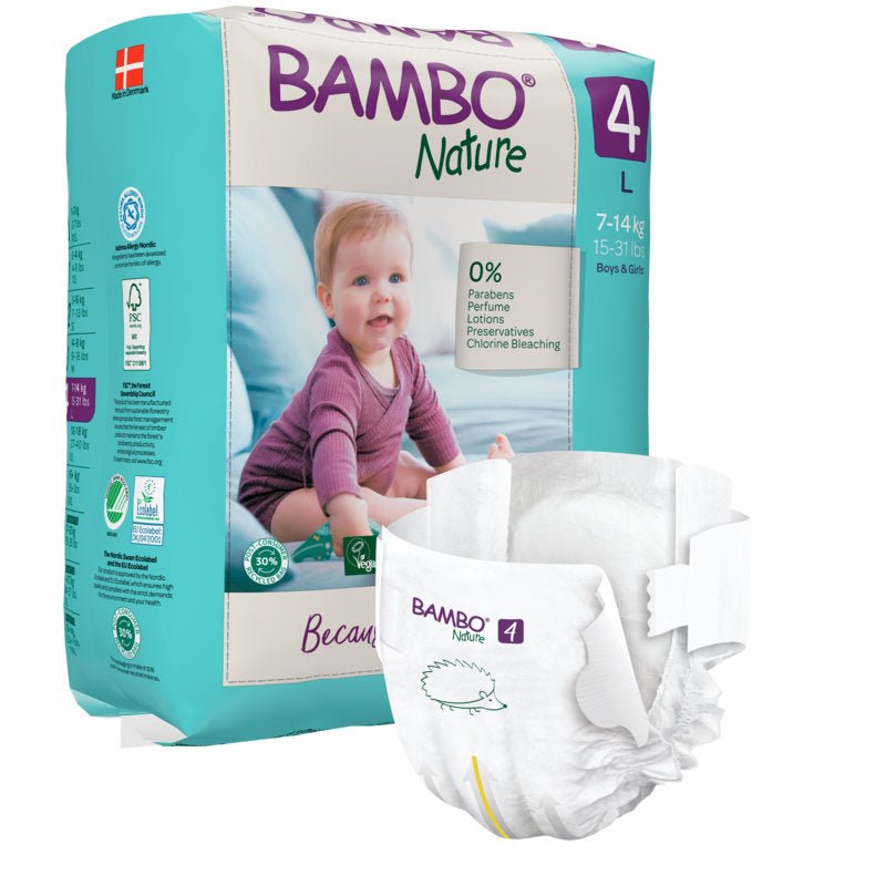 A pack of Abena Re-Seller GmbH Bambo Nature diapers (size 4) is depicted with a baby on the packaging. Next to it is a single white diaper with the Bambo Nature logo, green hedgehog, and baby-friendly design.