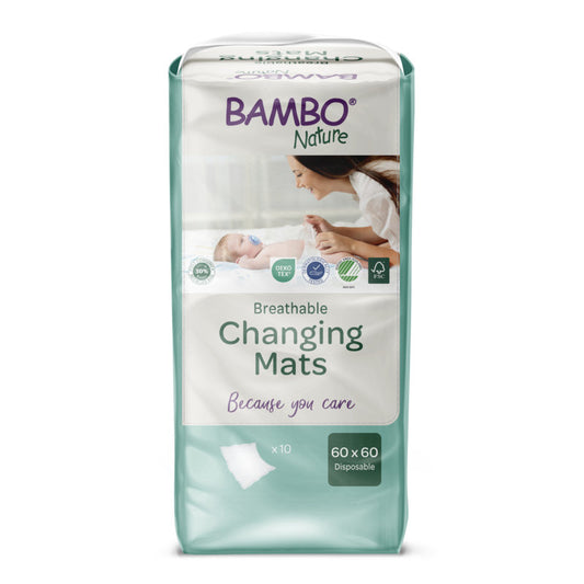Eine Packung der Abena Re-Seller GmbH Bambo Nature Wickelunterlage, 60x60 cm mit Superabsorber, enthält 10 Paar weiche, umweltfreundliche Einwegmatten für zusätzlichen Schutz.