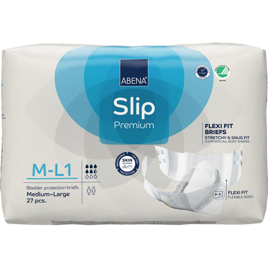 Eine Packung ABENA Slip Flexi Fit M-L Premium von Abena Re-Seller GmbH, 27 Stück, bietet flexible Passform und Hautschutz. Die Verpackung zeigt auf der rechten Seite eine Produktabbildung des Slips.