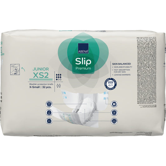 Eine Packung ABENA Slip Junior Premium Gr XS2 (32 Paar) von Abena Re-Seller GmbH. Die meist weiße Verpackung hat blaue und blaue Akzente mit Produktdetails auf der Vorderseite.