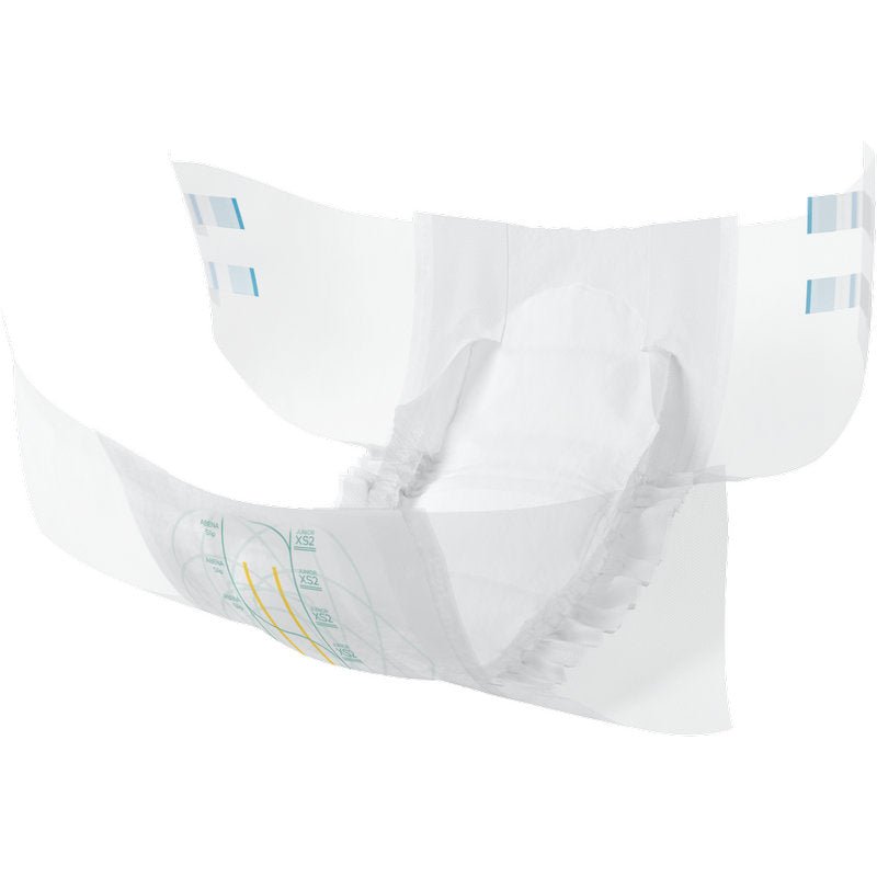 An adult disposable diaper is open and flat, with absorbent padding, elastic cuffs, adhesive tabs, and wetness indicators - features also included in the ABENA Slip Junior Premium Gr XS2 from Abena Re-Seller GmbH (pack of 32 pieces).