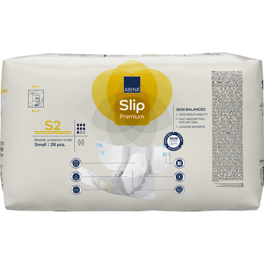 Eine 28er-Packung ABENA Slip Premium von Abena Re-Seller GmbH, kleine Größe, in meist weißer Verpackung mit gelben und blauen Akzenten. Ideal für die zuverlässige Inkontinenzversorgung; die Produktangaben befinden sich auf der Vorderseite.