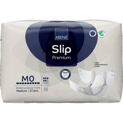 A pack of ABENA Slip Premium (from Abena Re-Seller GmbH), medium size, 27 pieces, comes in white packaging with blue/gray accents and the image of an opened slip on the right side.