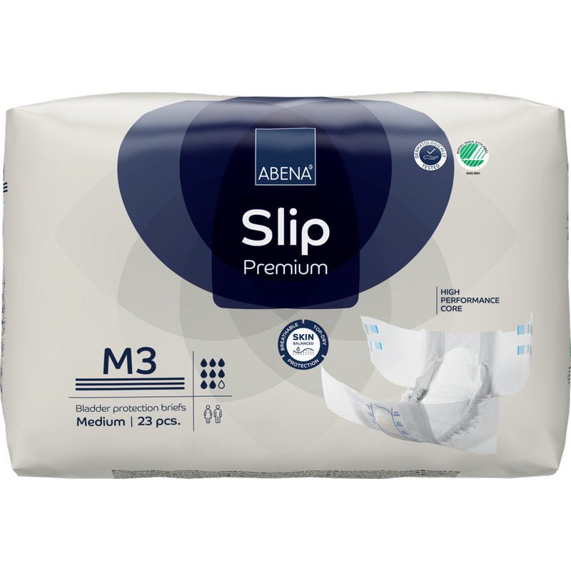 A pack of ABENA Slip Premium from Abena Re-Seller GmbH, medium size, 23 slips. With a high-performance core and skin-friendly design. The packaging shows an unfolded slip - ideal for reliable incontinence care.