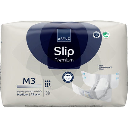 A pack of ABENA Slip Premium from Abena Re-Seller GmbH, medium size, 23 slips. With a high-performance core and skin-friendly design. The packaging shows an unfolded slip - ideal for reliable incontinence care.