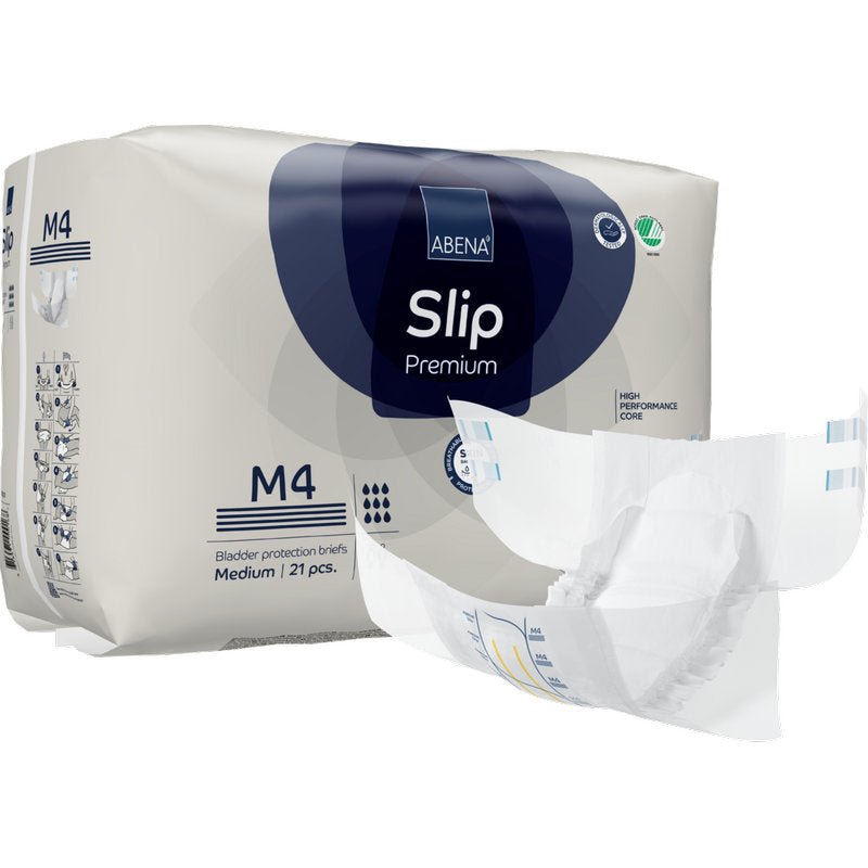 Pictured is a pack of ABENA Slip Premium from Abena Re-Seller GmbH with an unfolded slip in the foreground. The pack contains 21 medium-sized slips for reliable incontinence care.