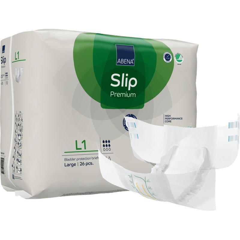 A pack of ABENA Slip Premium incontinence slips for adults from Abena Re-Seller GmbH, size Large, contains 26 pieces. A slip is shown outside the pack displaying its unfolded design and absorbent core for reliable protection.