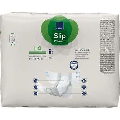 A pack of ABENA Slip Premium from Abena Re-Seller GmbH, size Large, 18 pieces. The packaging shows the product features and an illustration of a slip being held in hand to facilitate incontinence care.