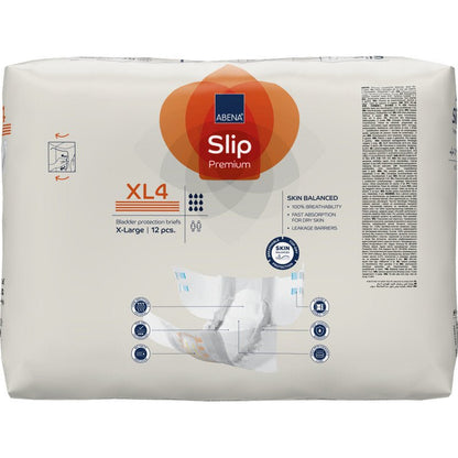 A pack of ABENA Slip Premium from Abena Re-Seller GmbH, size XL4 X-Large, 12 pieces per pack, with a front part and hands holding a slip - perfect for reliable incontinence care.