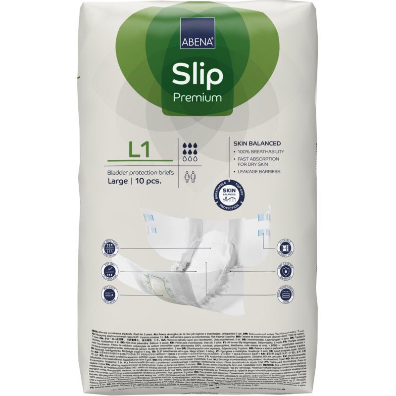 A pack of ABENA Slip Premium from Abena Re-Seller GmbH, size large, with 10 pieces. The white packaging has green and blue accents and clear product information on the front.